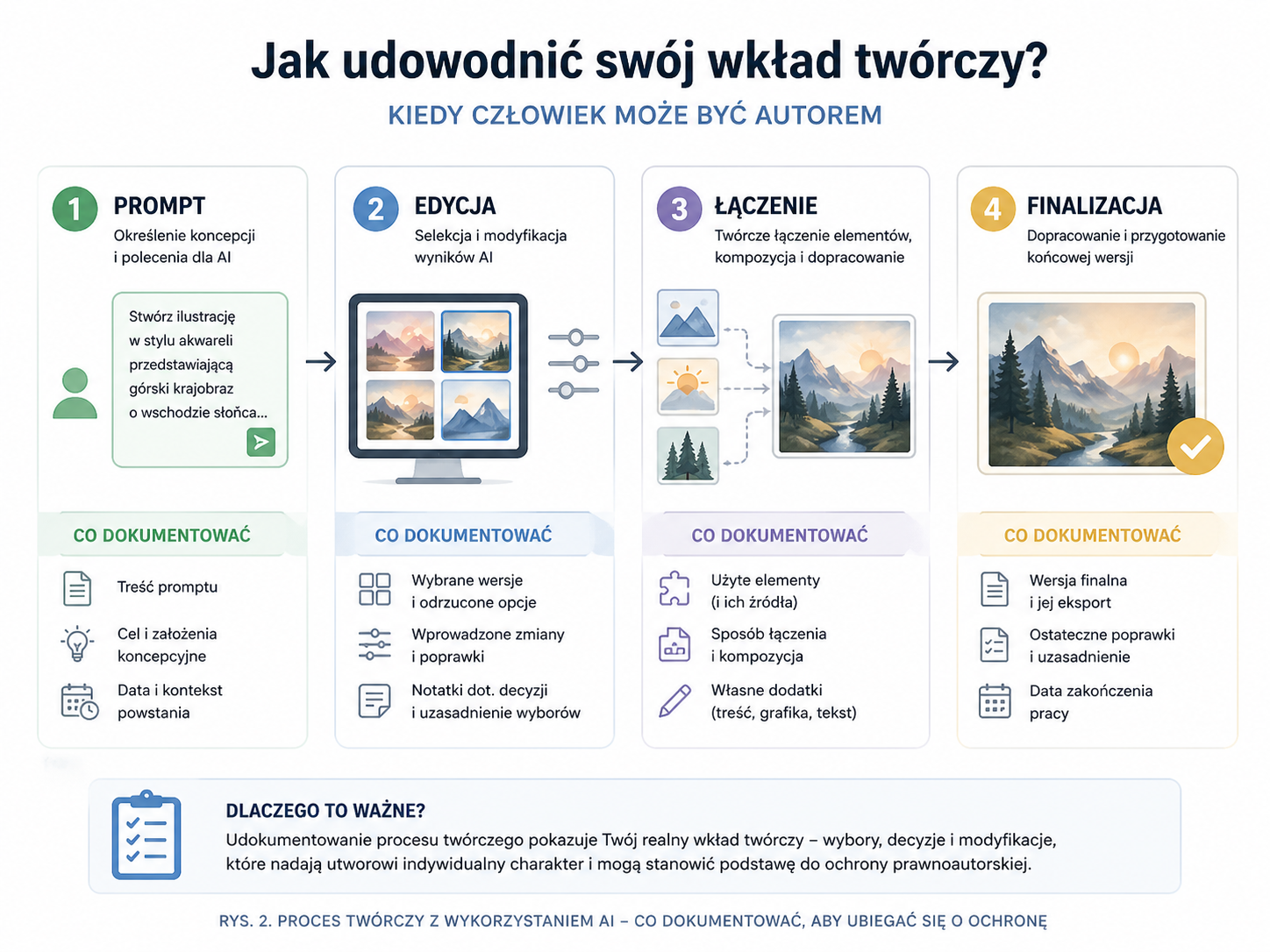 Schemat procesu twórczego z AI: prompt, edycja, łączenie i finalizacja wraz z listą elementów do dokumentowania na każdym etapie.