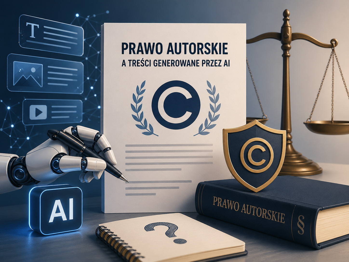 Robotyczna ręka tworzy dokument o prawie autorskim AI, obok symbole prawa (waga, ©).