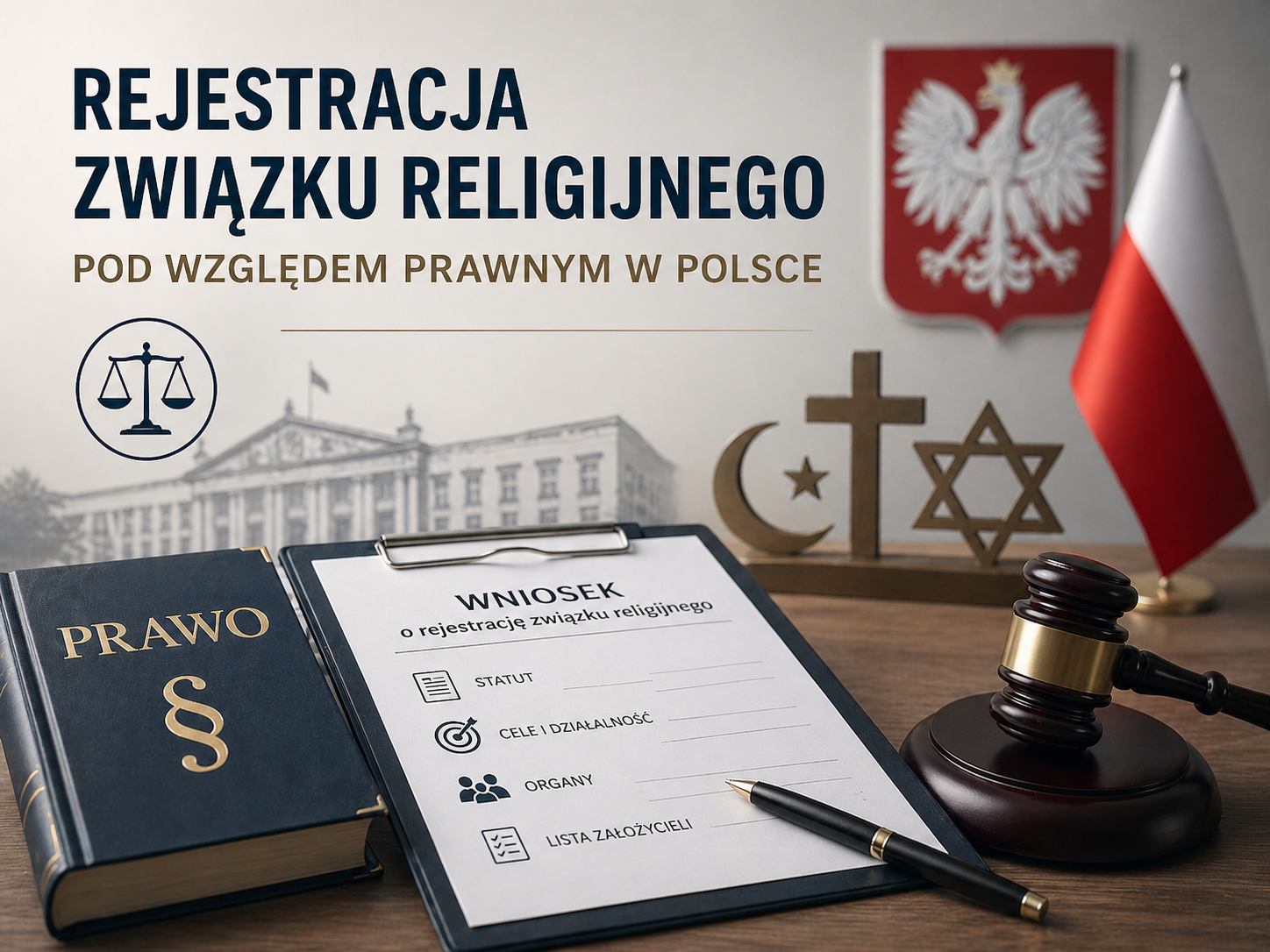 Wniosek o rejestrację związku religijnego w Polsce na biurku, obok kodeks prawa, młotek sędziowski, flaga Polski i symbole religijne.