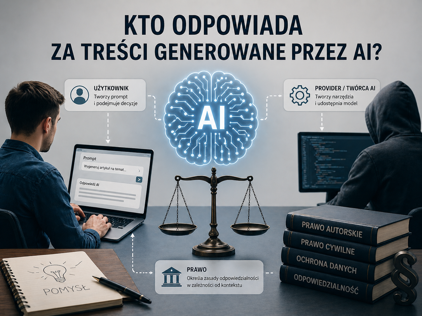 Schemat odpowiedzialności za treści AI: użytkownik, twórca modelu i prawo przedstawieni wokół symbolu AI i wagi sprawiedliwości.