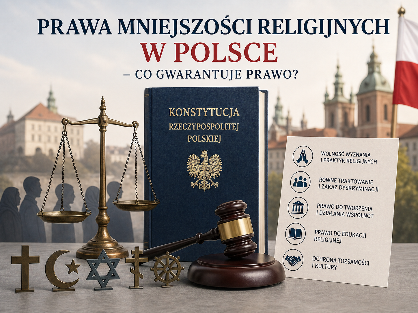 Ilustracja przedstawiająca prawa mniejszości religijnych w Polsce: konstytucja, symbole różnych religii, grupa ludzi oraz waga sprawiedliwości na tle polskiej flagi.
