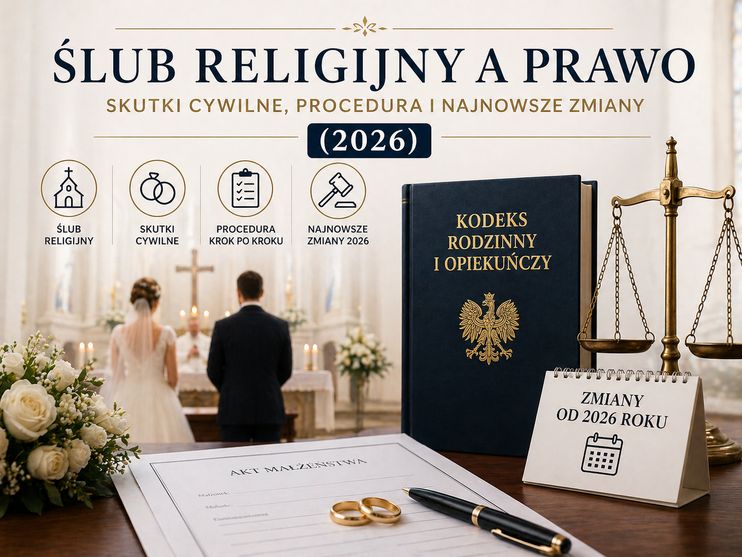 Para podczas ślubu religijnego w kościele, obok akt małżeństwa, obrączki oraz kodeks rodzinny i symbole prawa.